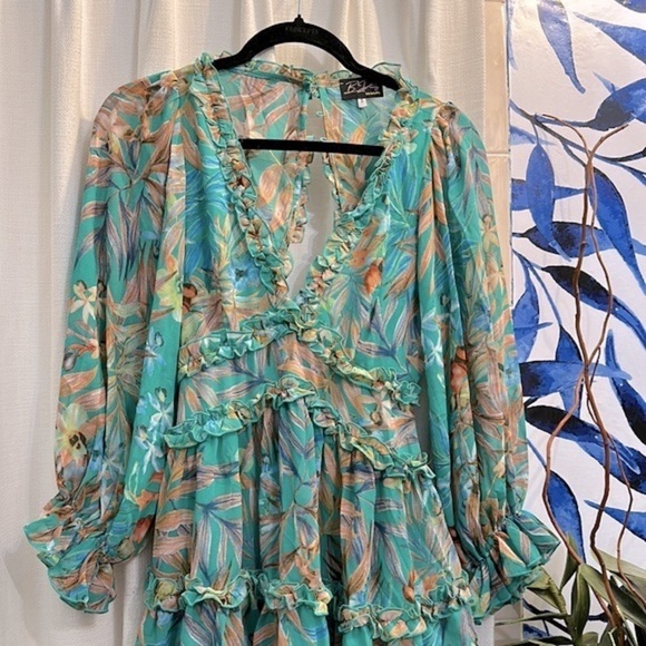 New B. Dainty Polyester Floral Green Cut Out Back Long Sleeve Babydoll Dress - Picture 4 of 13